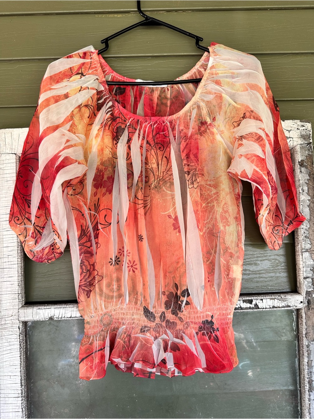 Charlotte Russe Sheer Floral Blouson Top - Red, Orange
